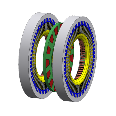 (c) Machine made up of two external stators and a central rotor disk